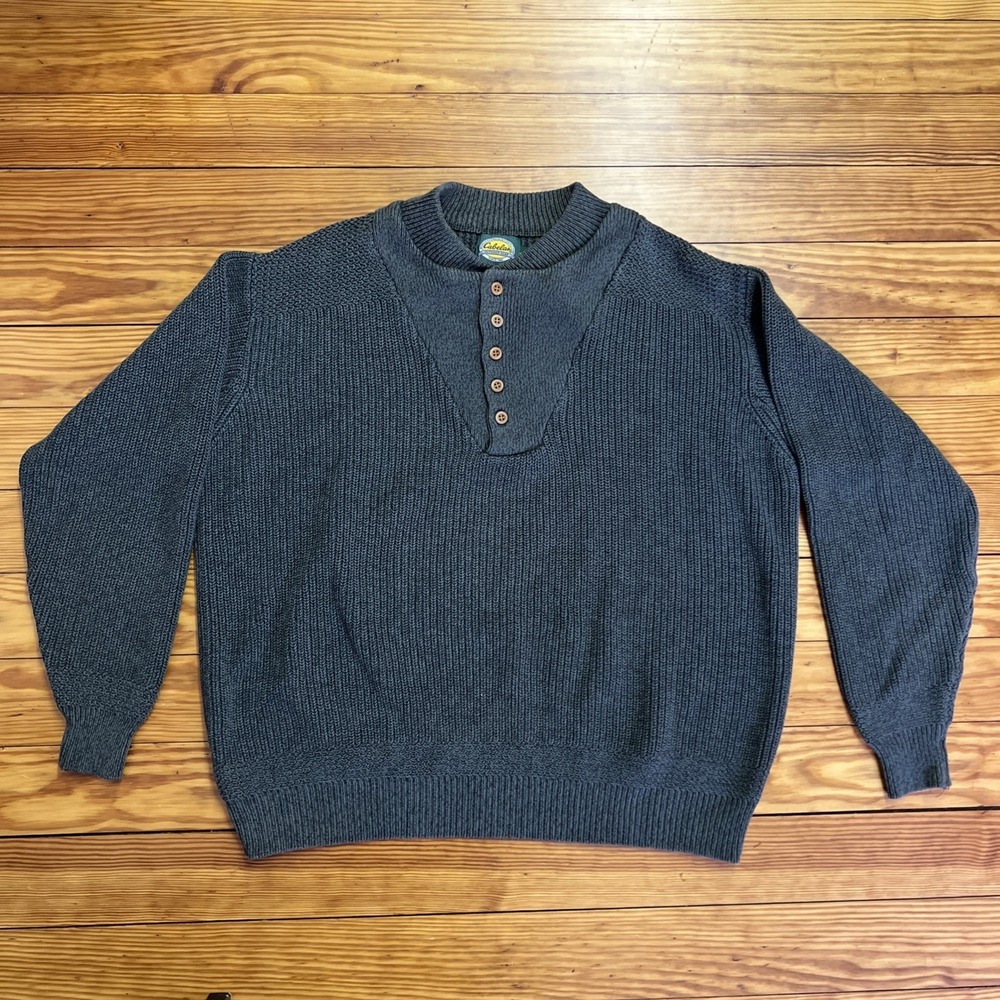 Cabela's Sweater Men's Large Green Chunky Knit Pullover Button Henley Neck